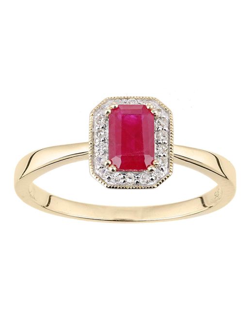 Jewelco London Pink 9ct Gold Diamond Octagon Ruby Octagon Mill Grain Halo Ring - Dr1axl619yru