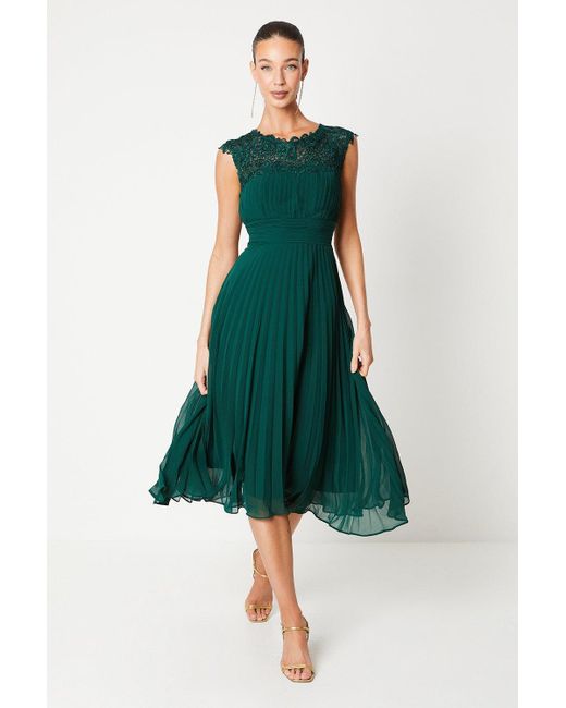 Coast Green Lace Top Pleated Skirt Midi Dress