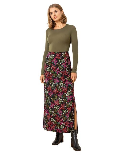 Roman Multicolor Ditsy Floral Jersey Midi Skirt