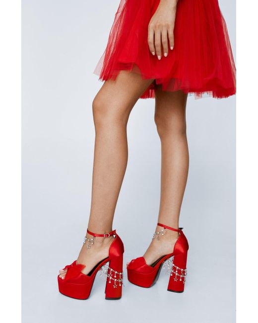 Nasty Gal Red Satin Chain & Bow Detail Platform Heels