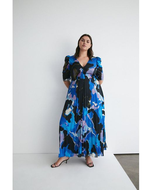 Warehouse Blue Plus Size Abstract V Neck Pleated Maxi Dress