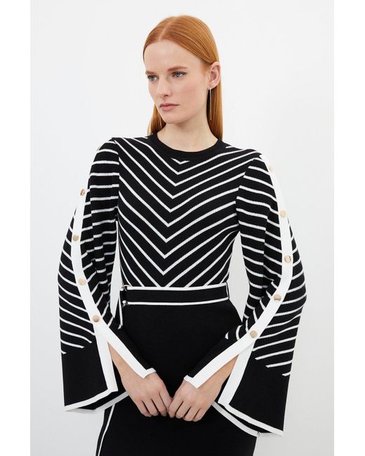 Karen Millen Black Cotton Blend Striped Knit Midi Dress