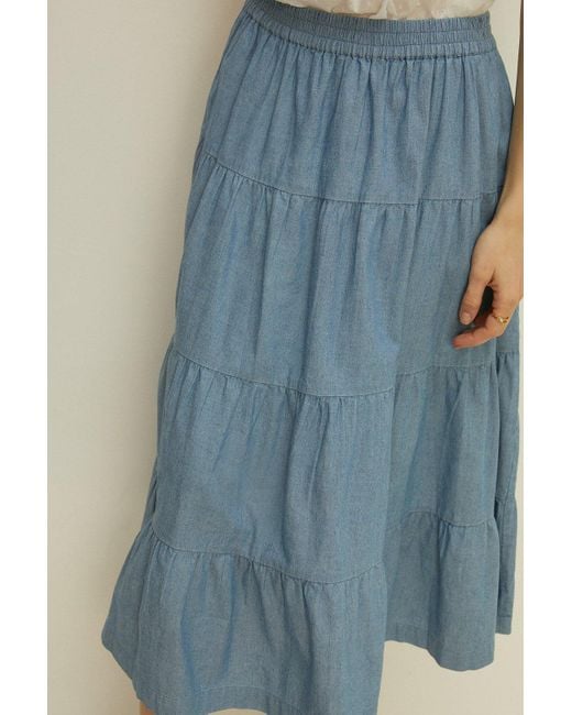 Oasis Blue Petite Chambray Tiered Midi Skirt