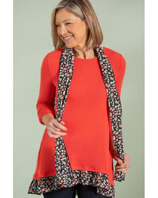 Anna Rose Red Knitted Top With Floral Chiffon Scarf