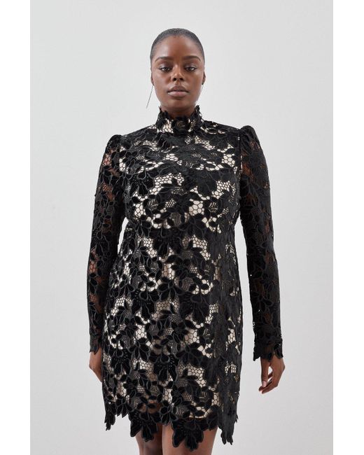 Karen Millen Black Plus Size Cutwork Velvet Woven Mini Dress