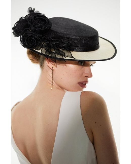 Karen Millen Black Emily- London Floral Detail Boater Hat