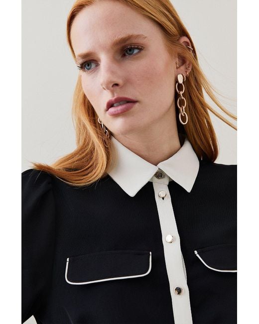 Karen Millen Black Contrast Twill Trimmed Mini Shirt Dress