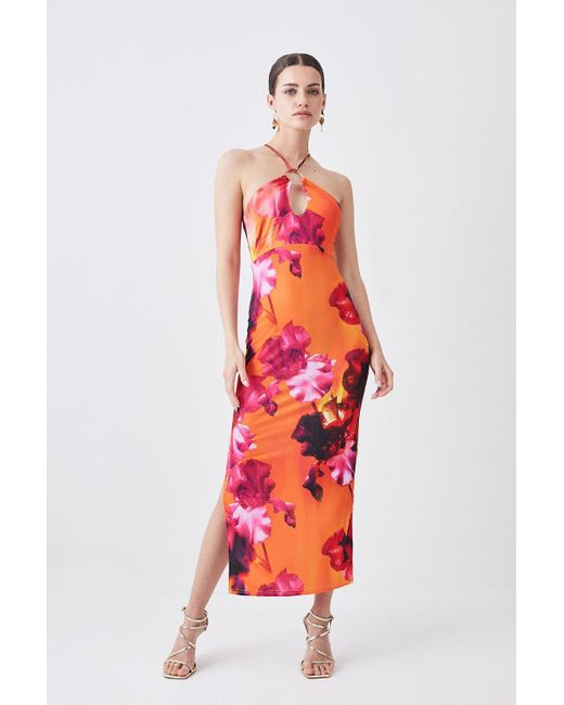 Karen Millen Red Petite Floral Print Halter Jersey Maxi Dress