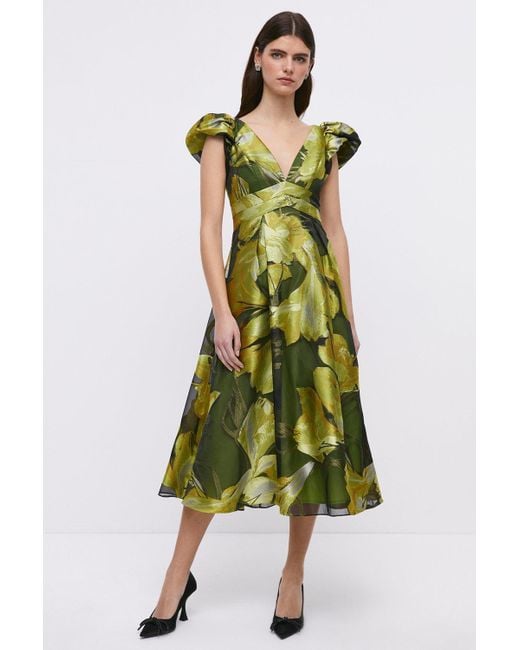 Coast Green V Neck Jacquard Dress With Frill Shoulder