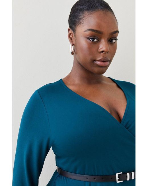 Karen Millen Blue Plus Size Belted Viscose Blend Long Sleeve Jersey Mini Dress