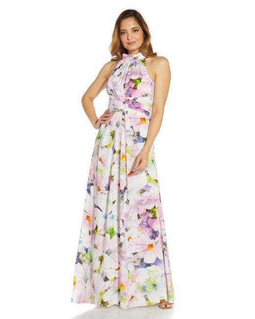 Adrianna Papell White Floral Halter Gown