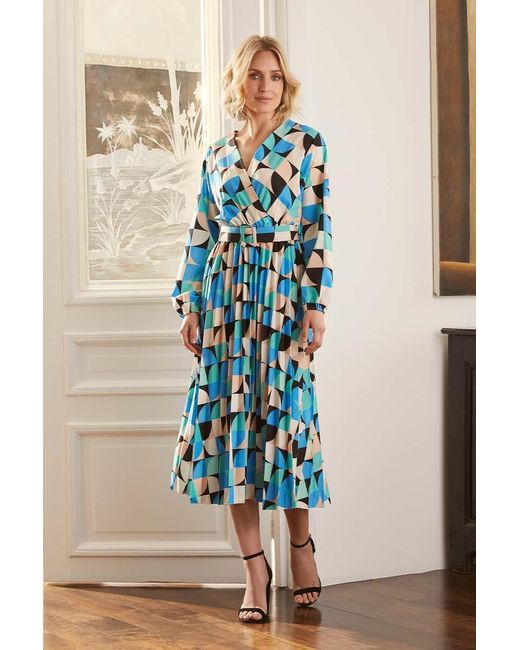 Izabel London Blue Geo Print Wrap Front Midi Dress