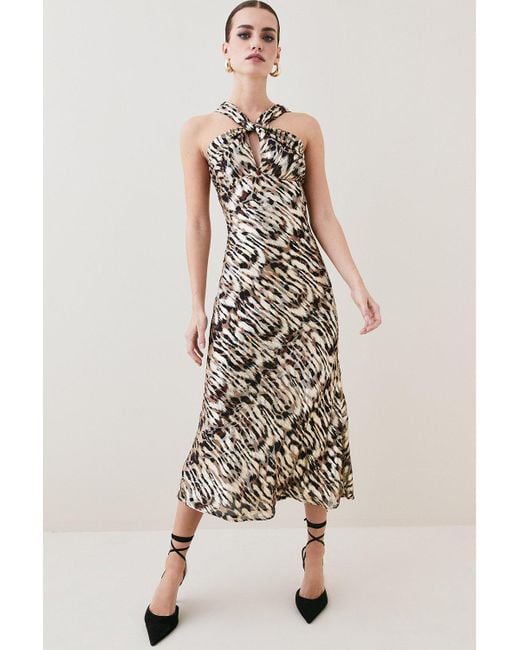 Karen Millen Natural Petite Leopard Printed Halter Column Midi Dress