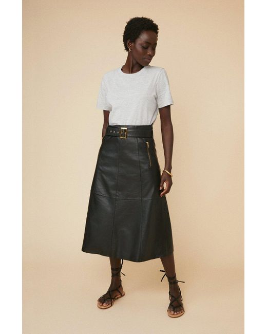 Oasis Natural Leather Buckle Midi Skirt