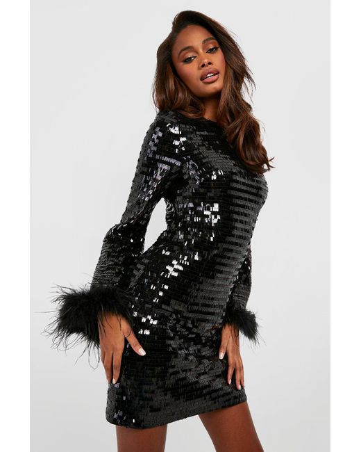 Boohoo Black Premium Sequin Feather Cuff Shift Party Dress