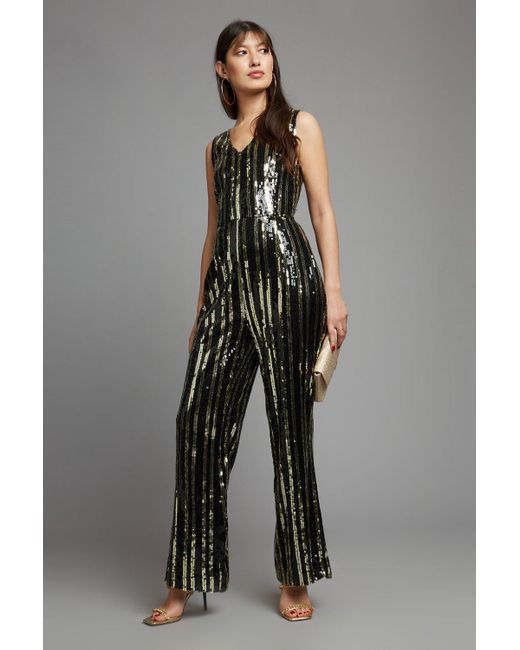 Dorothy Perkins Metallic Gold Stripe Sequin Jumpsuit