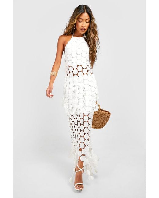 Boohoo White Disk Crochet Asymmetric Hem Maxi Skirt