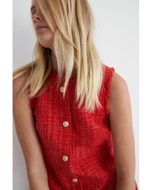 Warehouse Red Tweed Button Detail Shift Dress