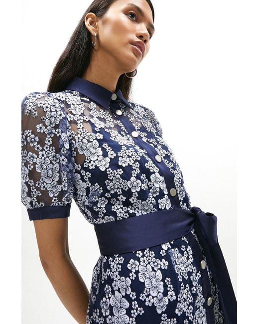 Coast Blue Embroidered Puff Sleeve Tie Waist Midi Shirt Dress