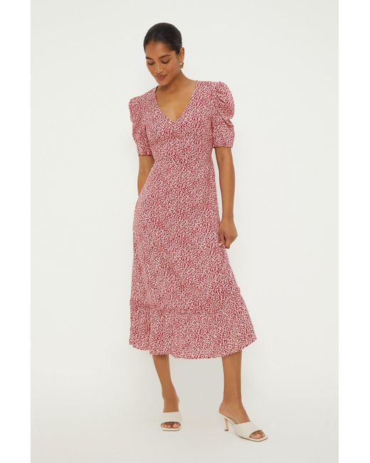 Dorothy Perkins Pink Red Ditsy Floral Puff Sleeve Midi Dress