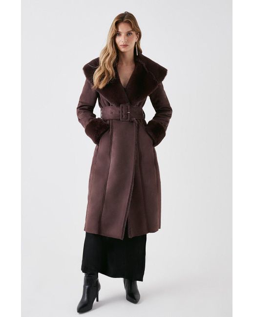 Coast Brown Faux Shearling Collar Belted Long Coat