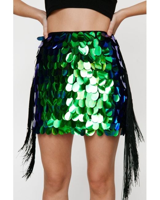 Nasty Gal Green Premium Two Piece Disc Sequin Fringe Mini Skirt