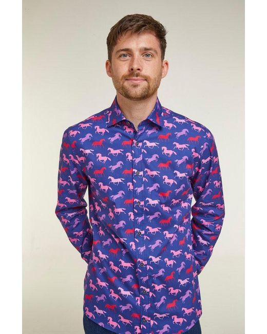 Double Two Blue Tailored Fit Navy Horse Print Navy Floral Print Long Sleeve Casual Shirt for men