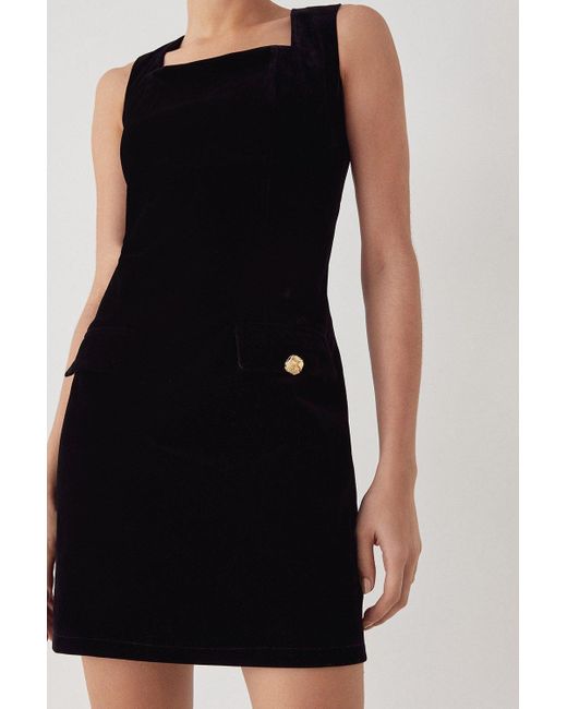 Warehouse Black Velvet Pocket Detail Sleeveless Shift Dress