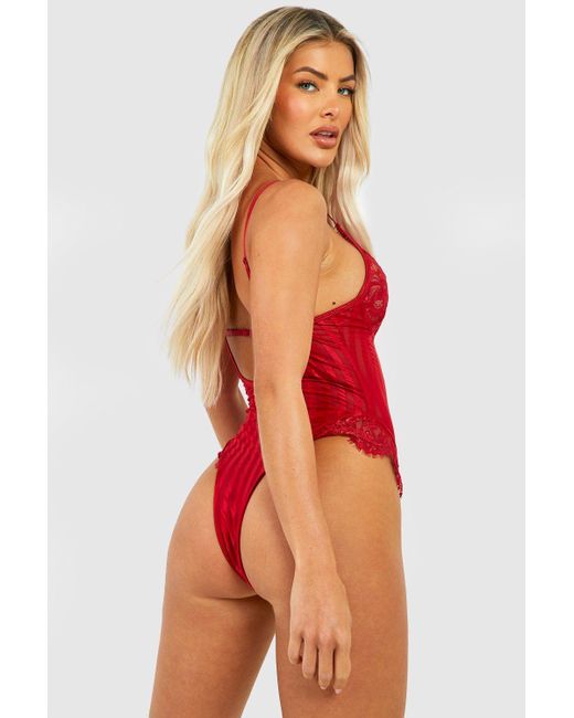 Boohoo Red Crotchless Eyelash Lace And Stripe Mesh One Piece