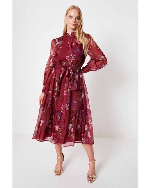 Oasis Red Berry Floral Organza Belted Midi Shirt Dress