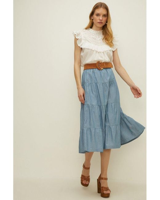 Oasis Blue Petite Chambray Tiered Midi Skirt