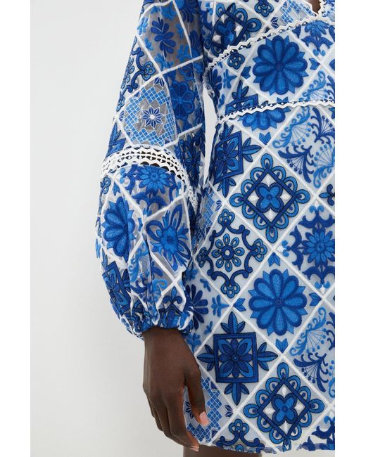 Coast Blue Long Sleeve Tile Lace Waist Panel Mini Dress