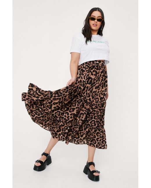 Nasty Gal Brown Plus Size Leopard Print Tiered Midi Skirt