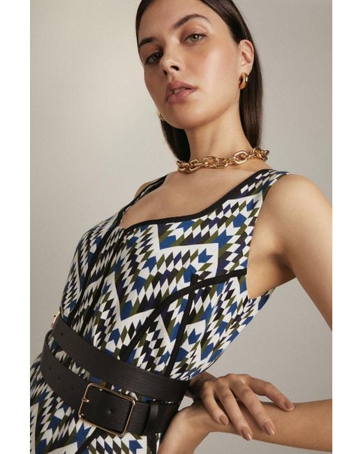 Karen Millen Blue Geo Jacquard Wrap Belted Woven Maxi Dress