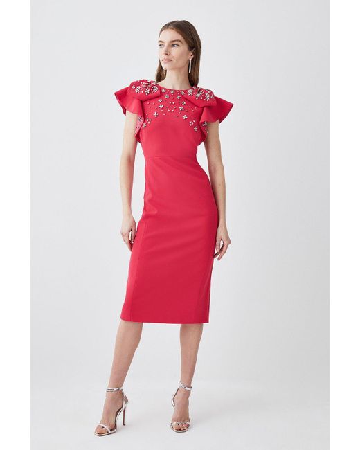 Karen Millen Red Petite Embellished Stretch Woven Midi Dress