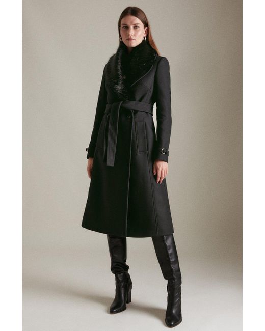 Karen Millen Black Italian Wool Faux Fur Collared Belted Coat