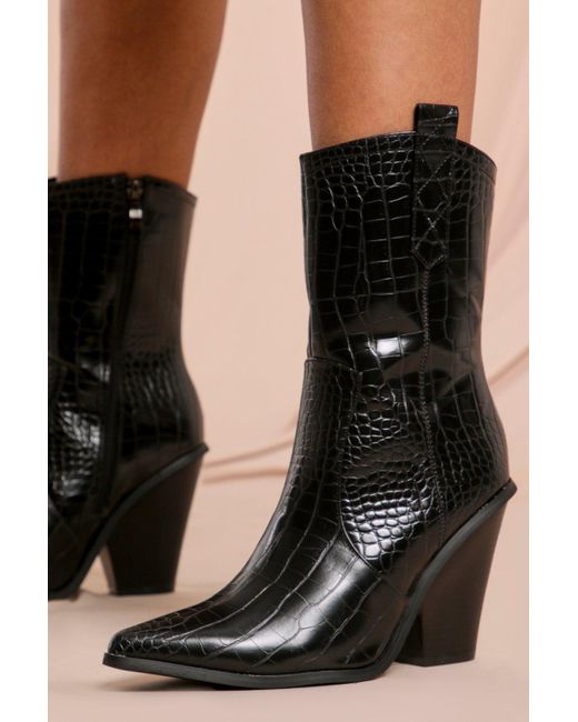 MissPap Black Croc Mid Heel Cowboy Boot
