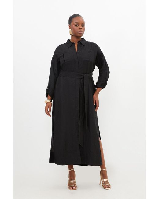 Karen Millen Black Plus Size Viscose Linen Woven Tie Maxi Shirt Dress