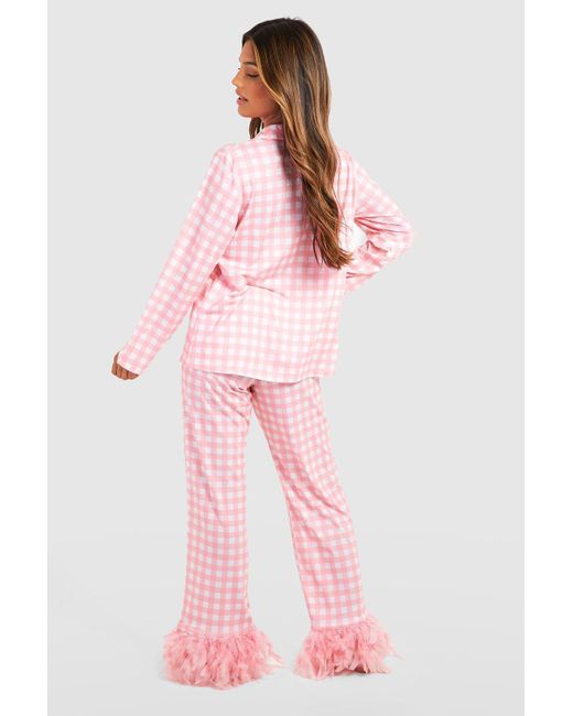 Boohoo Pink Gingham Feather Hem Pajama Set