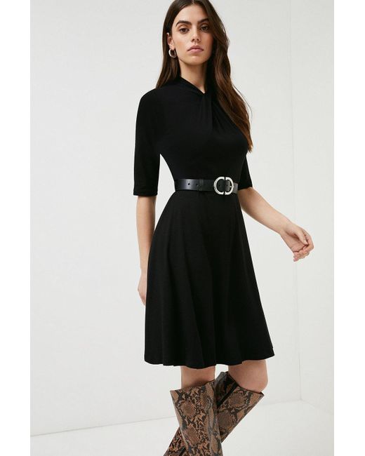 Karen Millen Black Twist Neck Short Sleeve Belted Jersey Dress