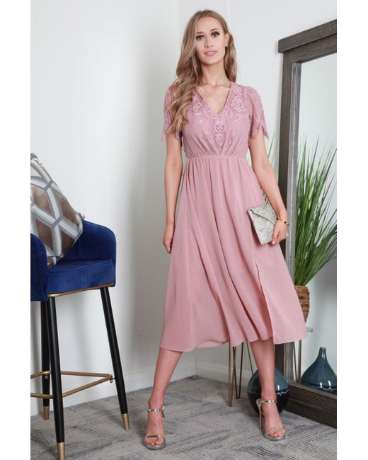 Double Second Pink Scallop Lace V-neck Split Hem Chiffon Midi Dress