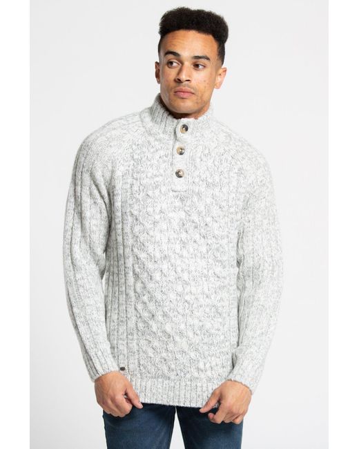 Kensington Eastside White 1/4 Button-up Neck Cable And Rib Jumper for men