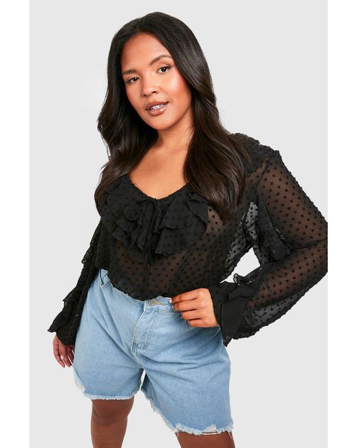 Boohoo Black Plus Dobby Ruffle Front Tie Front Blouse
