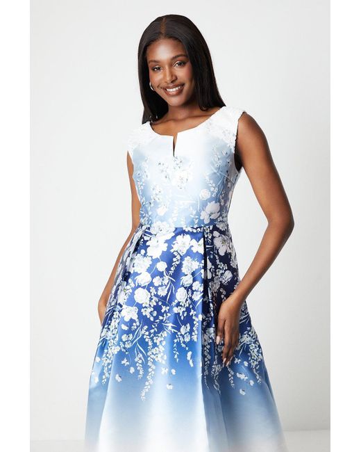 Coast Blue Twill Dress With Placement Print And Lace Trim