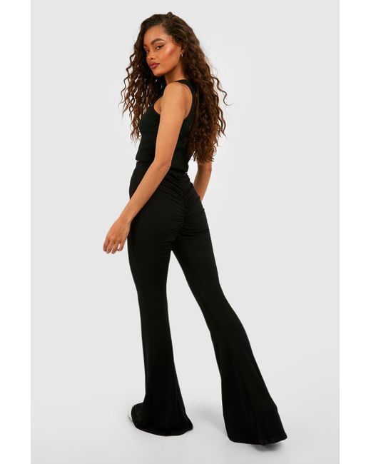 Boohoo Black High Waisted Ruched Bum Jersey Knit Flared Pants