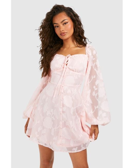 Boohoo Pink Textured Balloon Sleeve Milkmaid Mini Dress