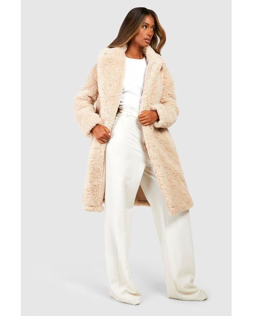 Boohoo Textured Belted Faux Fur Coat in White