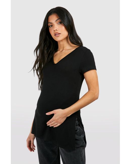Boohoo Black Maternity Longline Split Hem T-shirt