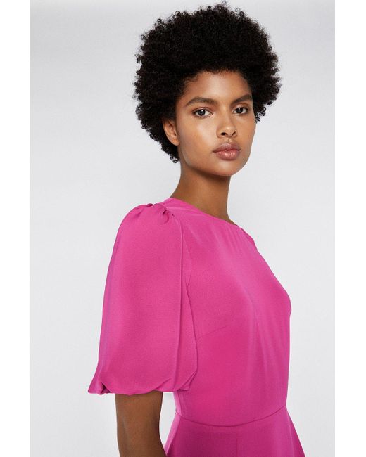 Warehouse Pink Puff Sleeve V-back Midi Dress