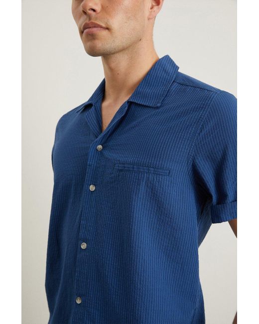 Burton Slim Fit Blue Short Sleeve Seersucker Revere Shirt for men